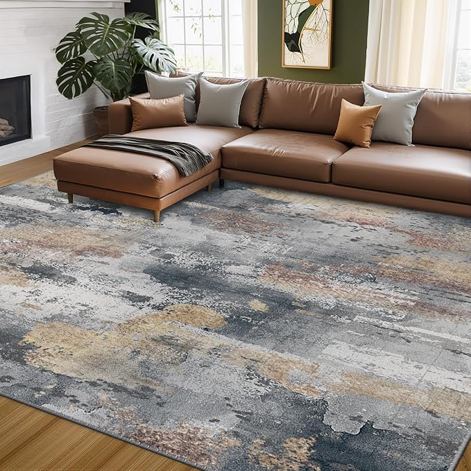 RELEANY Washable 5'x7' Abstract Area Rug for Living Room Ash Brown | Carpet for Bedroom, Kitchen, Office, Hallway and Entryway, Printed Pattern, Non‑Slip, Soft, Stain‑Resistant, Easy to Clean