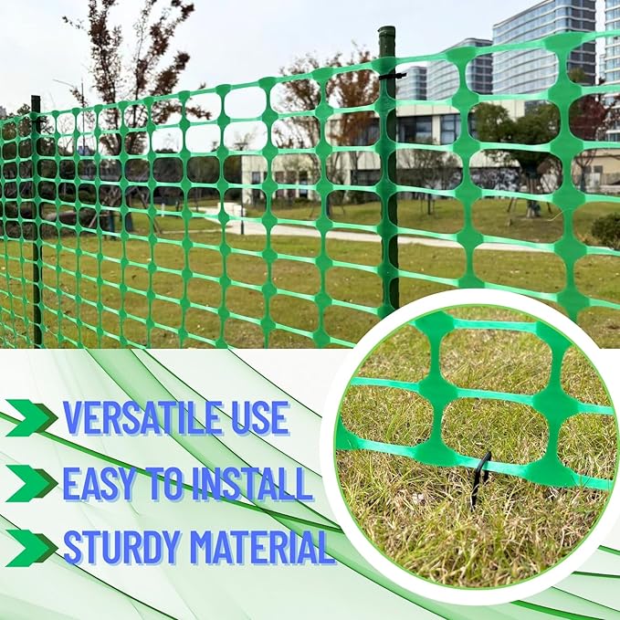 PotatoLife Plastic Mesh Fence, Extra Strength 4'x100' Roll with 50 Zip Ties, Resuable Temporary Netting for Garden Fencing, Snow Fencing, Animal Barrier, Poultry, Deer, Dog, Construction, Green