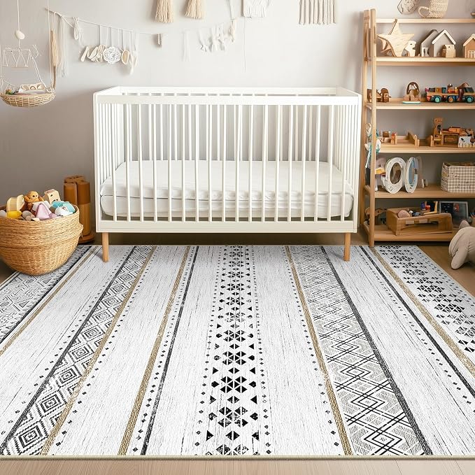9x12 Washable Area Rugs for Living Room Boho Bedroom Rug Black/Brown | Vacuum Friendly, Machine Washable, Non-Slip Rug, Stain Resistant, Moroccan Geometric, Low Pile Carpet, Dining Room Kitchen