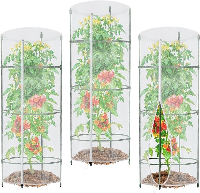 3PCS Garden Netting for Tomato Plants, 57" x 15.7" Round Tomato Cage Bird Netting Plant Cover Insect Barrier Mesh with Zipper, Tomato Trellis Garden Protection Net Cover for Climbing Plants Vegetables