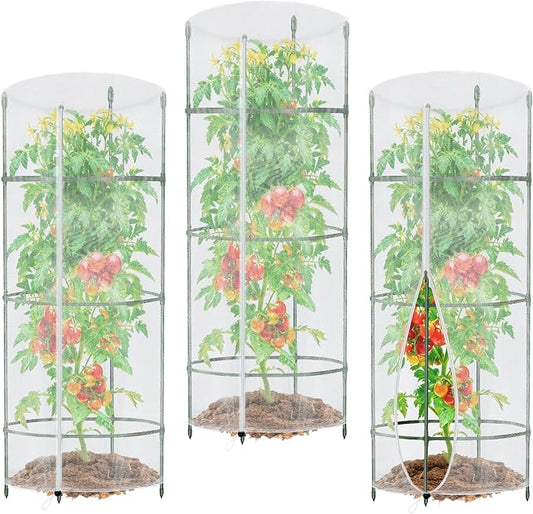 3PCS Garden Netting for Tomato Plants, 57" x 15.7" Round Tomato Cage Bird Netting Plant Cover Insect Barrier Mesh with Zipper, Tomato Trellis Garden Protection Net Cover for Climbing Plants Vegetables