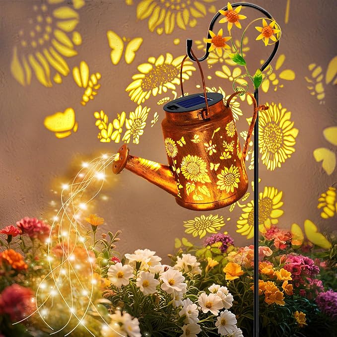 VOOKRY Solar Lights Outdoor Waterproof, Sunflower Metal Solar Watering Can Lights, Gifts for Women Mom Birthday, Hanging Lantern Decorative Garden Decor Yard Light for Outside Patio Lawn Porch