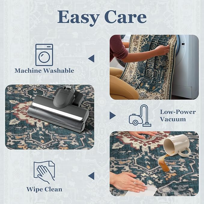 Vintage Distressed 2x3 Kitchen Rugs Washable Non Slip, Medallion Door Mat Indoor Entrance Entryway, Small Low Pile Rugs for Bedroom/Bathroom Vanity/Laundry Room, Deep Blue/Multi