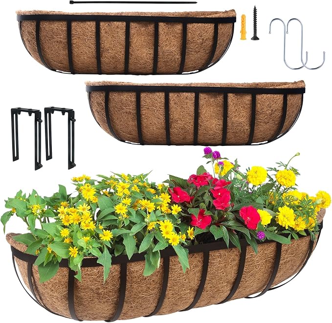 DUNCHATY 24 Inch Railing Planter 3 Pack - Adjustable Metal Window Box Planter with Coco Liner for Deck Balcony Porch Fence - Outdoor Hanging Flower Basket for Herbs & Flowers