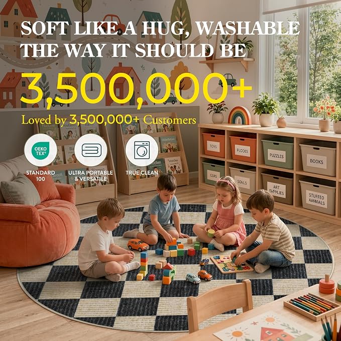 LIVEBOX 8x10 Area Rugs for Living Room, Checkered Non-Slip Washable Rugs, Farmhouse Neutral Classic Geometric Pattern Large Boys Area Rug for Bedroom, Carpet for Dining Room Office (Black,8'x10')