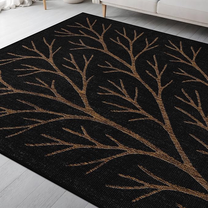 Washable Indoor Outdoor Rug 8x10 Modern Area Rugs Branch Pattern Non Shedding Waterproof Easy Clean Patio Deck Porch Living Room Bedroom Garden RV (8 X 10 Gold)