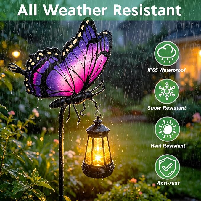 2 Pack Butterfly Solar Garden lights Outdoor Waterproof, Gift for Women Mom Grandma Daughter, Stake lights with Solar Lantern, Hanging Solar Light, Solar Path Light Yard Art Outside Patio Garden Decor
