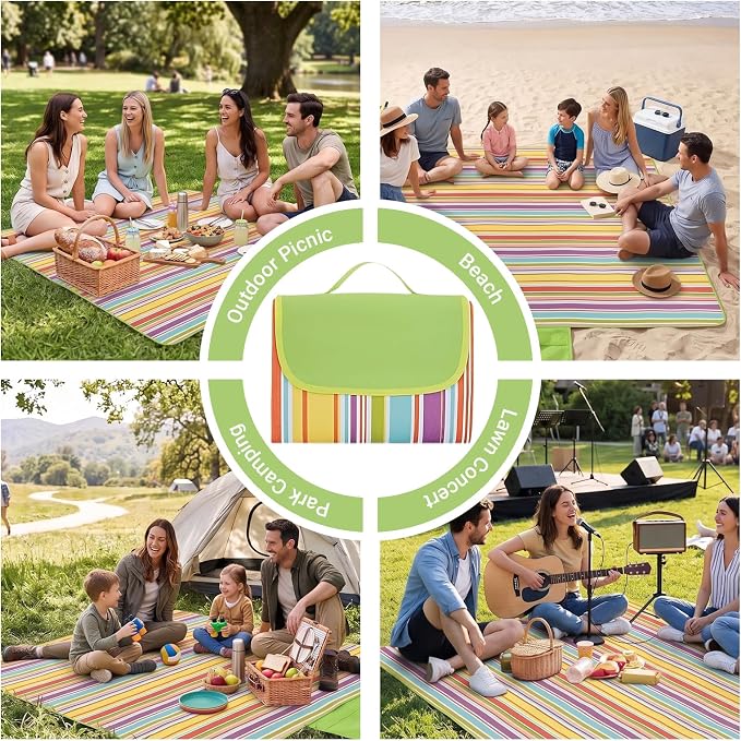 Waterproof Foldable Picnic Blanket Outdoor with Carry Strap,80"X60" Extra Large Beach Blanket Sandproof,Portable Soft Gingham Picnic Mat for Camping Travel Hiking Family Concerts Park(Yellow)