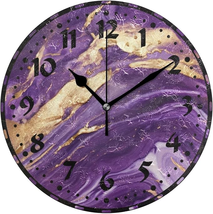 Purple Gold Swirl Wall Clock, Silent Non Ticking 10 Inch Battery Operated Wall Clocks, Easy to Read Clock for Home Kitchen Living Room Bathroom Office Decor
