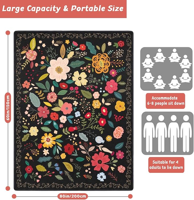 Picnic Blankets Extra Large Waterproof, 80"x 60" Boho Flowers Beach Mat with Corner Pockets Windproof Sandproof Foldable Portable 3-Layer Mat Darker for Wet Grass,Parks,Music Festival,Camping,Concerts