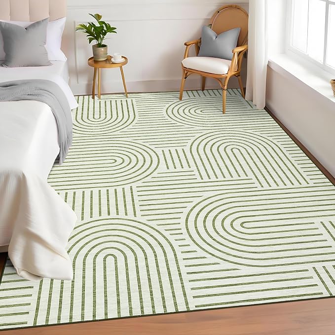 ROYHOME Modern Washable Rug 4x6 Area Rugs for Living Room Non Slip, Green | Abstract Rug for Bedroom, Rainbow Throw Rugs with Rubber Back, Low Pile Stain Resistant Geometric Carpet for Playroom Dorm
