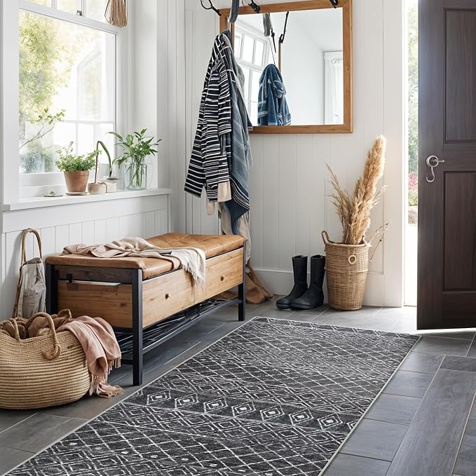 2x6 Washable Hallway Rug Runners: Moroccan Non Slip Kitchen Runner Black | Low Pile Runner Soft Indoor Floor Mat Front Door with Rubber Backing for Bedroom Entryway Laundry
