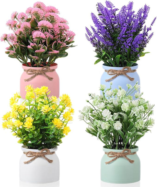 Cindeer Large Artificial Potted Flowers Fake Potted Plants Plastic Faux Flowers for Home Decor Indoor Artificial Plants in Pots for Wedding Home Desk Tabletop Outdoor Office Kitchen (4 Pcs,Rustic)