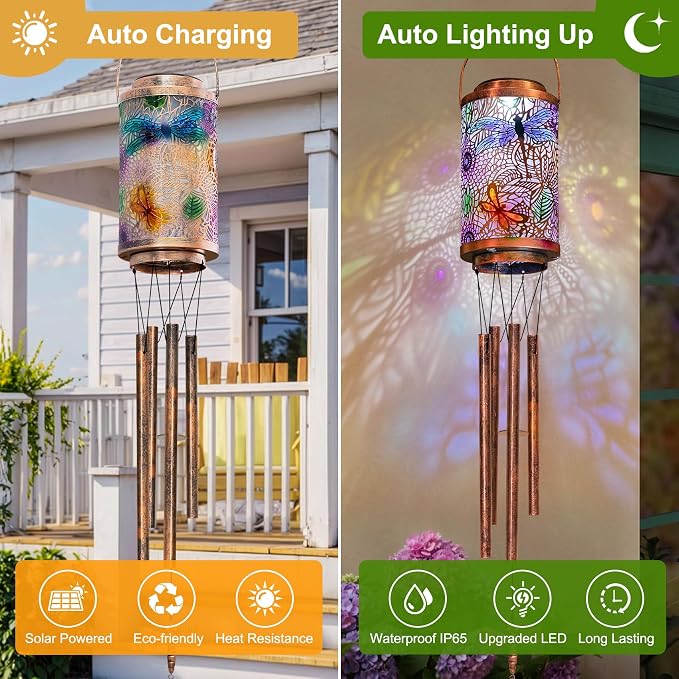 Dragonfly Solar Lights Wind Chimes for Outside, Garden Gifts for Mom Dad Solar Outdoor Lantern Metal Hanging Lights for Garden, Patio, Yard Decor, Mothers Day Birthday Gifts for Women (1Pack)