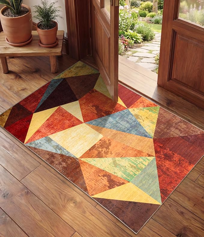 Brown Entryway Rug 2x3, Small Burnt Orange Rug for Indoor Entrance, Farmhouse Kitchen Rugs Washable,Geometric Area Rug,Vintage Welcome Mats for Front Door, Burgundy Boho Rugs for Entryway