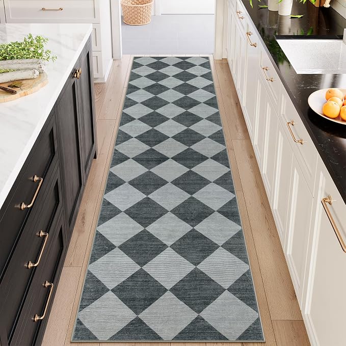 Beeiva Checkered Kitchen Runner Rug 2.5x10, Ultra Thin Washable Runners for Hallways Non Slip, Moroccan Trellis Print Non Shedding Kitchen Runner Rugs, Stain Resistant Blue/Grey Hallway Home Decor
