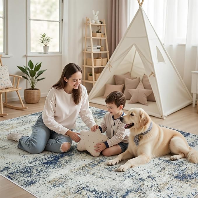 Tosuoka 5x7 Area Rugs for Living Room Abstract Washable Blue Brown Rug | With Anti-Slip Backing，Non-Shedding，Stain-Resistant，Soft Modern Large Carpet for Bedroom Dining Room Farmhouse Nursery