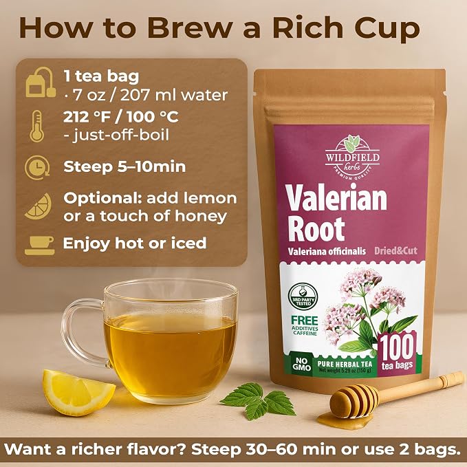 100 Valerian Root Herb Valerian Root Tea Loose Leaf Herbal Tea (Valeriana officinalis) - 100 Count 1.5g Valeriana Roots Tea Herb