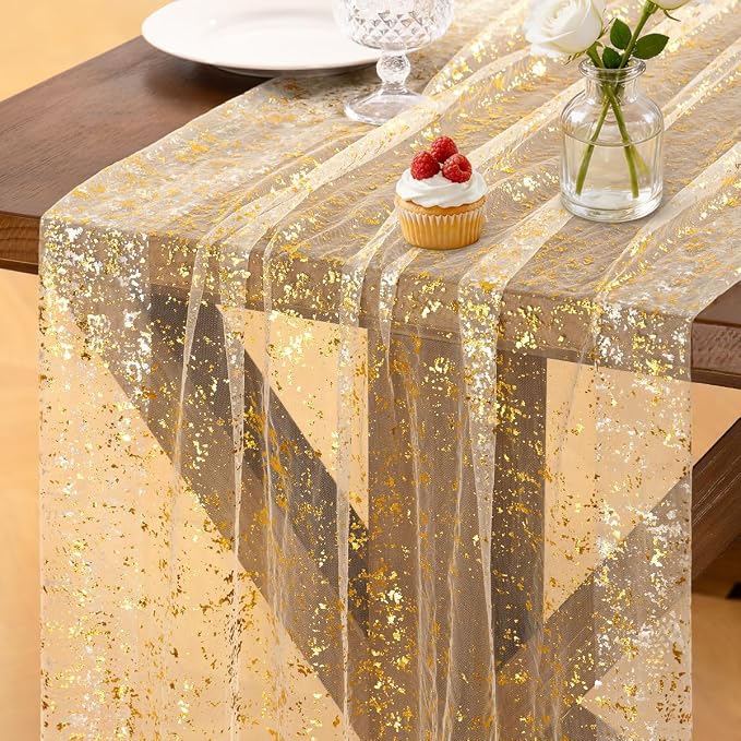 Socomi Gold Table Runner Gauze Tulle Sheer Glitter Metallic Foil Chiffon Cheesecloth Sequin 10FT Wedding Birthday Party Dining Anniversary Holiday Centerpiece Table Decor Beige 3pcs