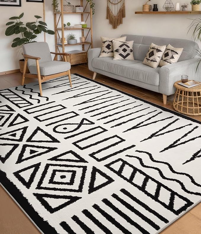 Living Room Rug 6x9- Black and Cream Rug for Bedroom Dining Room, Abstract Modern Washable Non-Slip Ultra-Thin Area Rug Symbol,6x9ft