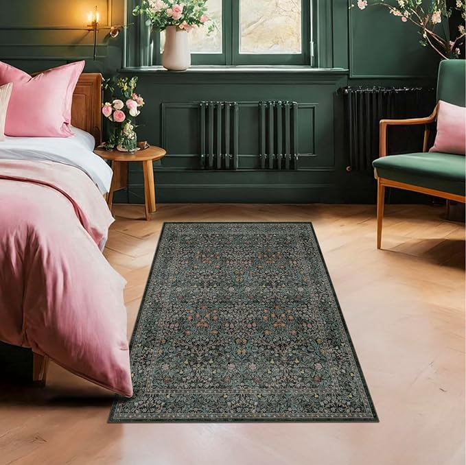 Dark Green Washable 3x6 Runner Rug for Entryway, Low Pile Non-Slip Indoor Floor Area Rugs for Kitchen, Bedroom Bedside, Bathroom, Stain & Fade Resistant, Vintage Floral Design
