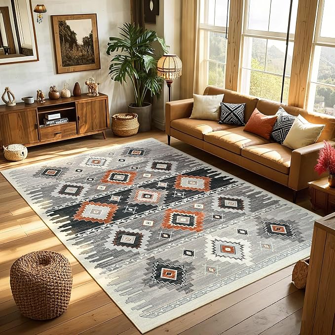 BENRON Western Rugs for Living Room Bedroom 5x7, Non Slip Washable, Cream | Southwest aztec Area Rugs for Dining Table Kitchen Home Decor, Geometric