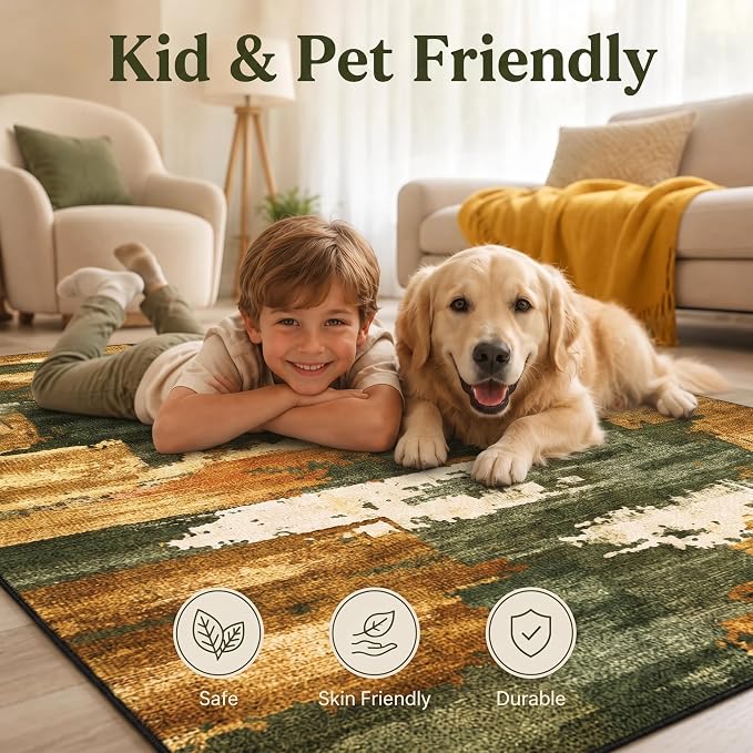 5x7 Green & Brown Abstract Brushstroke Area Rug for Living Room | Soft Low-Pile Machine-Washable Rug with Non-Slip Backing for Bedrooms, Dining Rooms and Home Offices, Designed for Daily Care