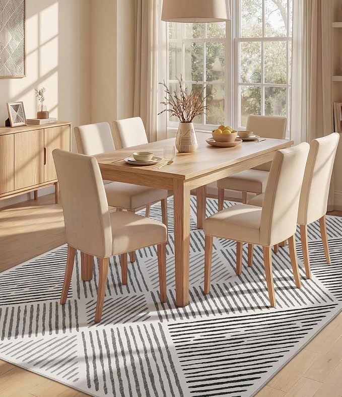 5‘x7' Washable Black and White Rug, Modern Area Rug for Living Room | Non-Slip, Low Pile, Stain Resistant, Black Geometric Stripe Rug for Bedroom Dining Room