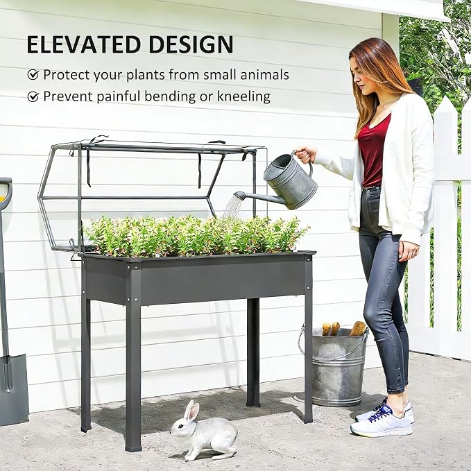 Outsunny Raised Garden Bed with Greenhouse Cover, Elevated Planter Box with Legs and Drainage Hole for Vegetables Flowers Herbs, 39.4" x 18.9" x 48.8", Dark Gray