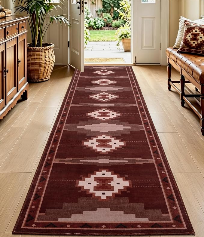 YIHOUSE 2‘x8' Washable Western Red Aztec Runner Rug for Hallway | Non-Slip, Low Pile, Stain Resistant, Southwestern Rustic Retro Long Rug for Kitchen Entryway Bedroom, Red/Brown