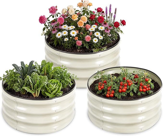 3 PCS Round Raised Garden Bed 2x2x1 ft, Metal Outdoor Planter Box Kit with Safety Rubber Edge, Easy Assemble Bottomless Small Planting Container for Vegetable, Flower, Fruit, White