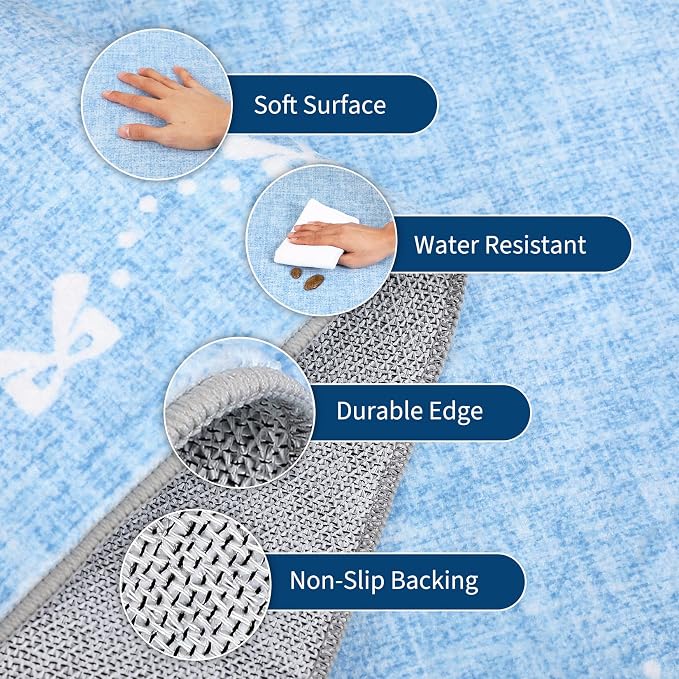 COZYLOOM 5x7 Bow Printed Washable Rug for Entryway Indoor, Modern Bordered Living Room Rug with Non Slip Backing, Stain Resistant Non Shedding Solid Color Area Rugs for Bedroom, Dining Room, Blue