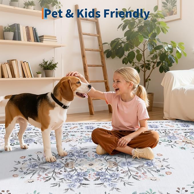 GarveeHome 3x5 Floral Rug for Nursery Vintage Flower Leaf Bordered Carpet | Machine Washable Non-Slip Low Pile Throw Floor Cover Colorful Beige Area Rug for Bedroom Living Room Dining