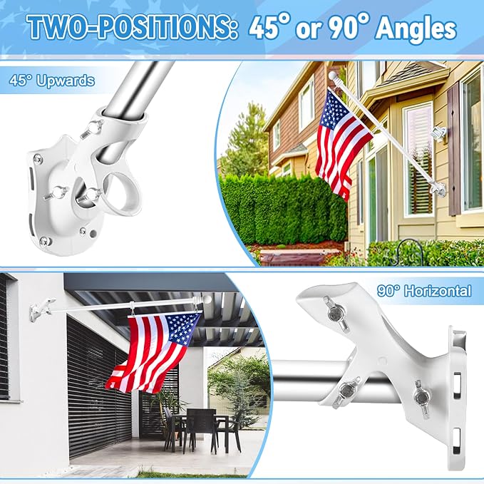 Flag Pole Brackets for House, REERON 2-Positions Metal 1" Flagpole Holder Mounts, Aluminium Rustproof Outside Flag Pole Wall Porch Mounting Bracket with 3 Fixed Holes & Steel Hardwares (White-2 Pack)