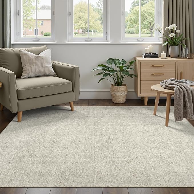 DCX 4x6 Beige Rug, Kid & Pet Friendly with Rubber Back Non Slip, Machine Washable Stain Resistant Neutral Floral Rug for Living Room, Bedroom, Home Office, Soft Low Pile Large Nursery Carpet