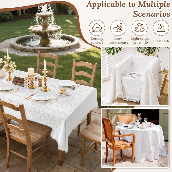 110 x 91 Extra Large White Outdoor Picnic Blanket, Thin Woven Cotton Yarn Oversize Portable Blanket with Fringe for Camping, Lawn or Wedding Photoshoot. Indoor Bohemia Decorations, Machine Washable