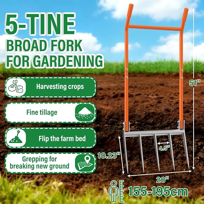 VASALAID Broadfork 5-Tine Broad Fork for Gardening Ergonomic U-Shaped Design Heavy Duty Broadfork Tool for Gardening Cultivating Farm Garden Digging Crushing Aerate Soil (Patent Pending)