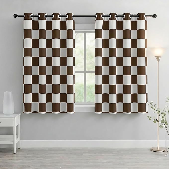 100% Blackout Checkered Curtains – 2 Panels, Each W52×L63, Thermal Insulated, Nosie Reducing for Bedroom, Modern Brown and White Checkerboard Design