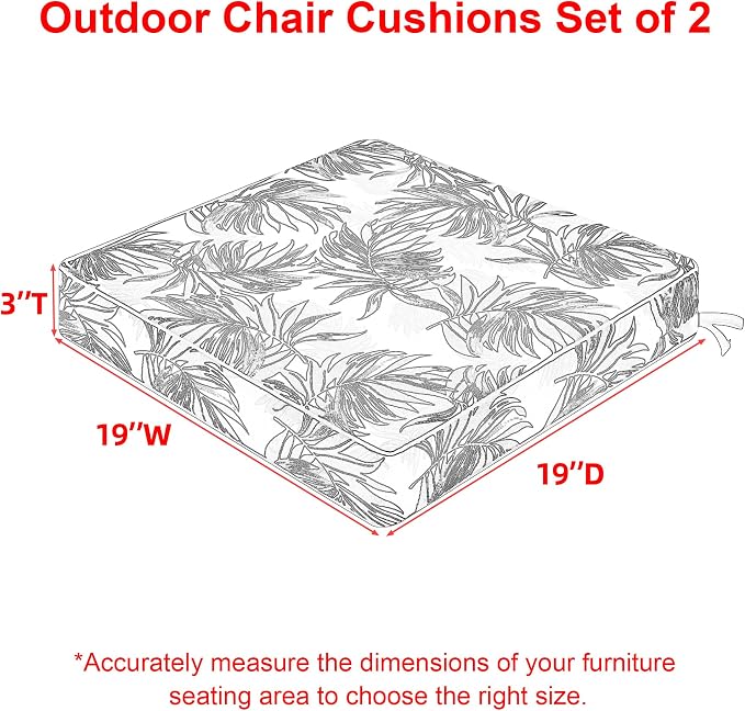 Favoyard Outdoor Chair Cushion 19 x 19 x 3 In Waterproof Pattern Fade Resistant Cushions for Patio Furniture with Removable Cover Attach Straps 28D Foam Insert Cushions Pads for Seat Sofa Couch 2 Pack