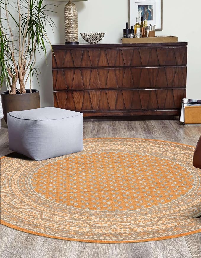 Unique Loom Williamsburg Collection Traditional Border with Dotted Center Area Rug, Round 3' 7" x 3' 7", Orange/Beige