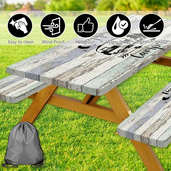 Picnic Table Cover with Bench Covers Elastic Edges, Outdoor Patio Camping Essentials 96 Inch 3PCS, Wooden Camper Fitted Table Cover, Waterproof Rectangle Tablecloth with Drawstring Bag,RV