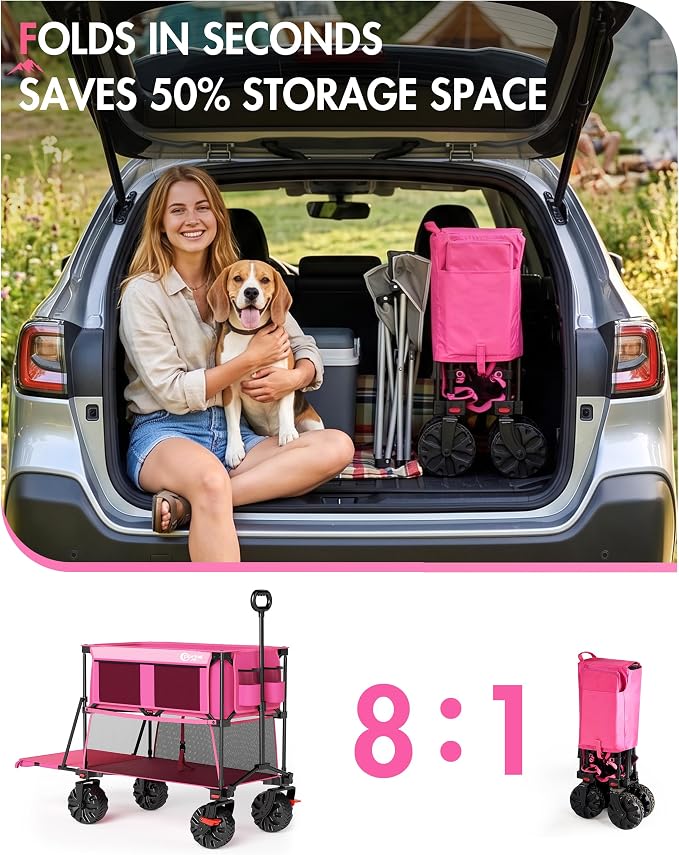 PORTAL 400L Heavy Duty Double Decker Wagon with Brakes, 54" Extra Long Extender Wagon Cart,660lb Collapsible Garden Car, All-Terrain Big Wheels for Camping, Sports, Shopping,Pink