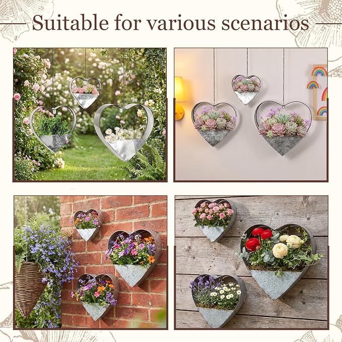 3 Pcs 3 Size Heart Metal Hanging Planter Indoor Outdoor, 13.4" 10.6" 7" Large Metal Plant Hangers Vintage Flower Pot with Hook Chain Drain Hole Gift for Gardener Women Mom Home Decor(Silver)