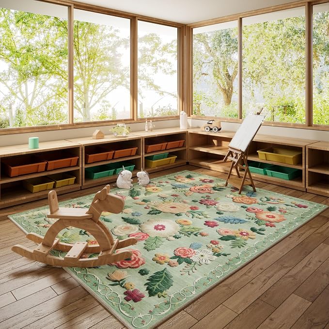 6x9 Area Rugs for Living Room: Washable Bedroom Rug Non Slip Low Pile Soft Faux Wool Non Shedding Lightweight Distressed Vintage Green Floral Large Carpet for Dining Room Entryway Farmhouse Office