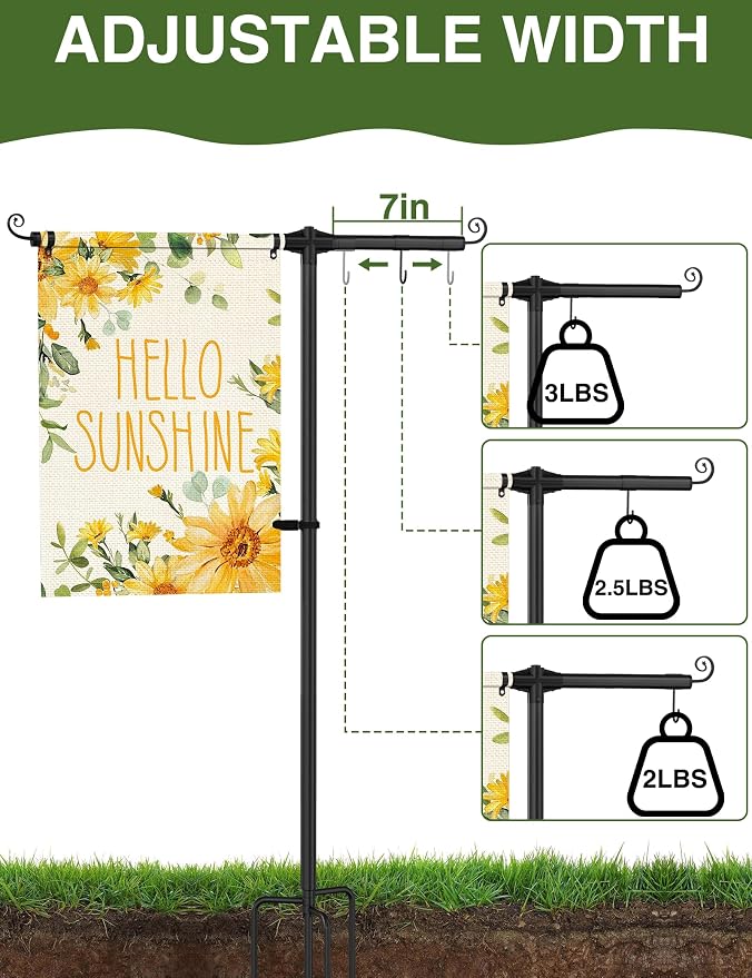 Garden Flag Holder Stand with Shepherds Hooks, 51 Inch Extra Thick Weather-Proof Powder-Coated Yard Flag Holder with 4 Prong Base, Heavy Duty 3/4 inch Aluminum Stand, Suitable for 12x18 Flag