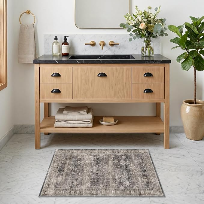 Washable Entryway Rug 2x3 - Low Pile Non-Slip Front Door Mat, Charcoal and Cream Stain Resistant Distressed Geometric Throw Carpet for Kitchen, Bathroom, Modern Boho Decor