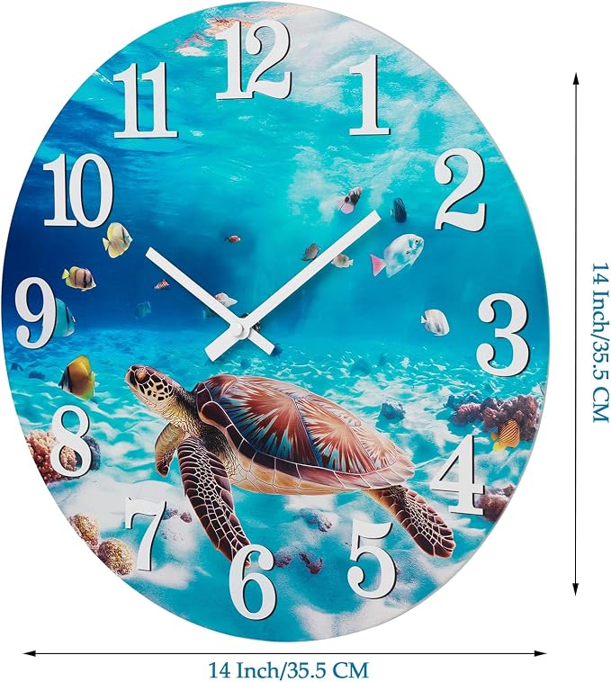 Yoiolclc Outdoor Clocks Waterproof Outdoor Coastal Beach Ocean Wall Clocks for Patio Pool Garden Home Decor(14 Inch,Blue,Sea Turtle)