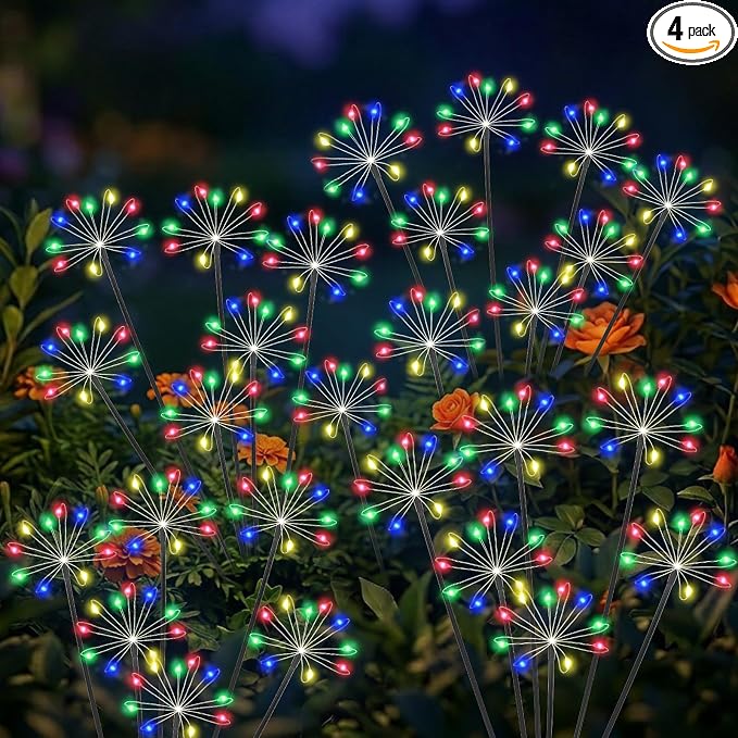 Solar Garden Lights Outdoor, Upgraded Solar Swaying Starburst Light Waterproof with 2 Modes, Solar Fairy Firework Lights for Yard Patio Pathway Flowerbed Balcony Garden Decoration (Multicolor, 4 Pack)
