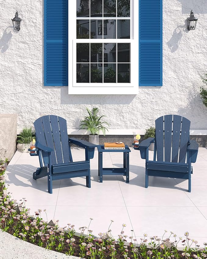 GarveeLife Folding Adirondack Chair Set of 4 with Ottoman, All-Weather HDPE Outdoor Chair, Wooden Textured with Cup Holder for patios, Decks, Gardens, fire pits, Navy Blue