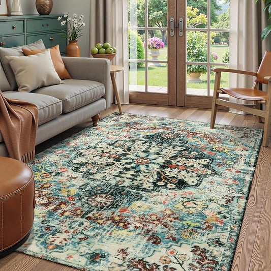 Lahome Reine Bohemian Floral Medallion Area Rug - 4x6 Teal Soft Bedroom Rug Washable Entryway Mat, Non Slip Pet Friendly Indoor Floor Accent Carpet for Bathroom Mudroom Basement Studio